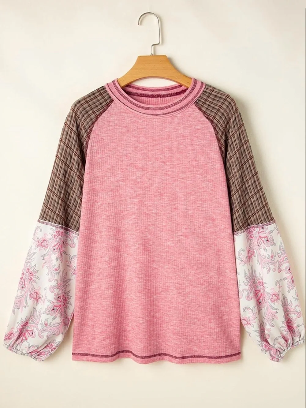 Womens Pink Patchwork Long Sleeve Top - Mixed Print Raglan